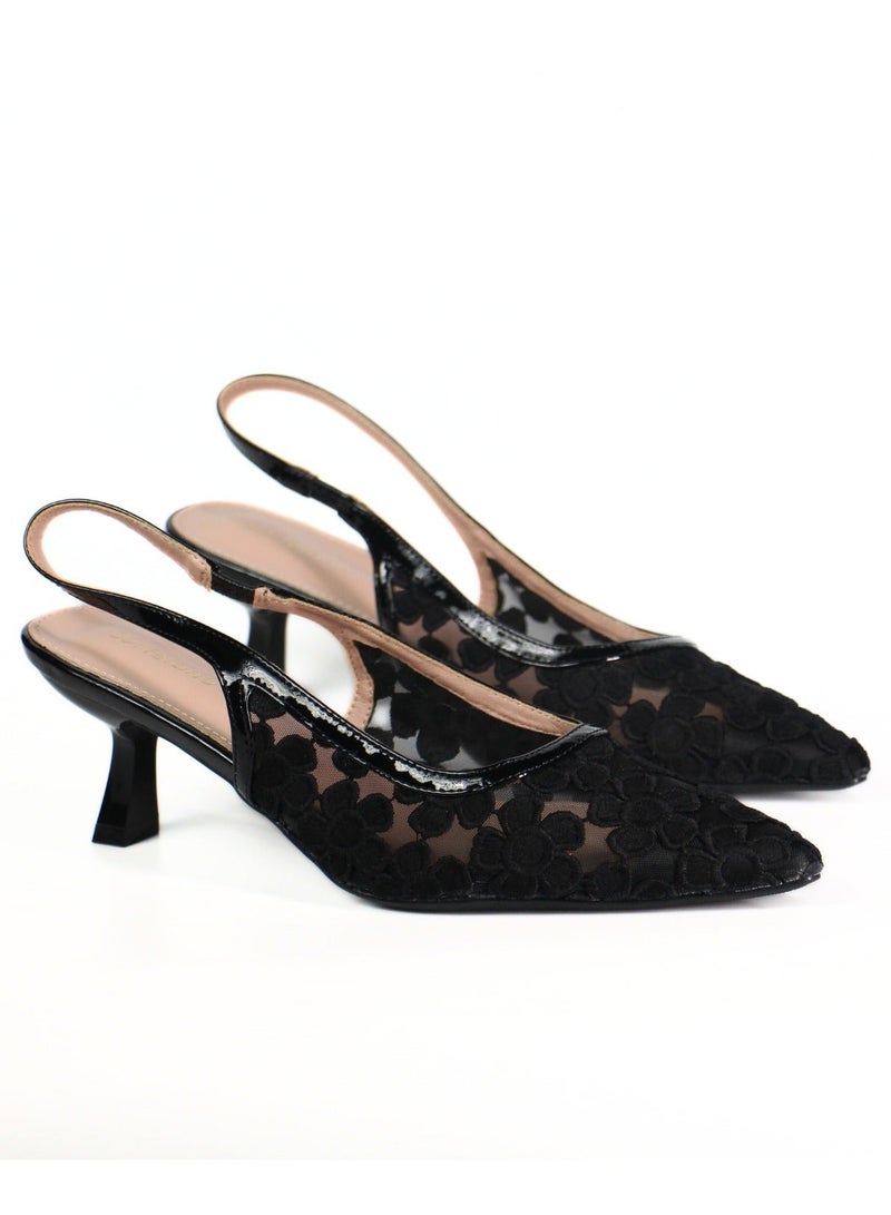 SD.Felano Women Slingback Heels With Floral Mesh Design | Elegant Pointed Toe Shoes | Lightweight Mid Heel Pumps | Comfortable Formal Footwear | Stylish Shoes For Office Events Parties And Evening Wear - Image 1